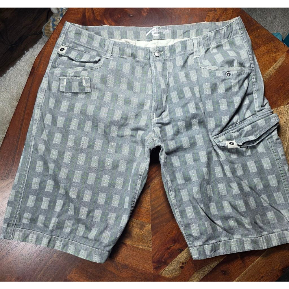 Men's REQUEST JEANS Grey Green Plaid Cargo Shorts Waist 42